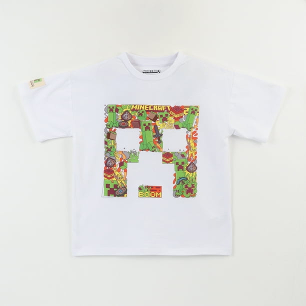 Polera Manga Corta Niño Creeper Blanco Minecraft