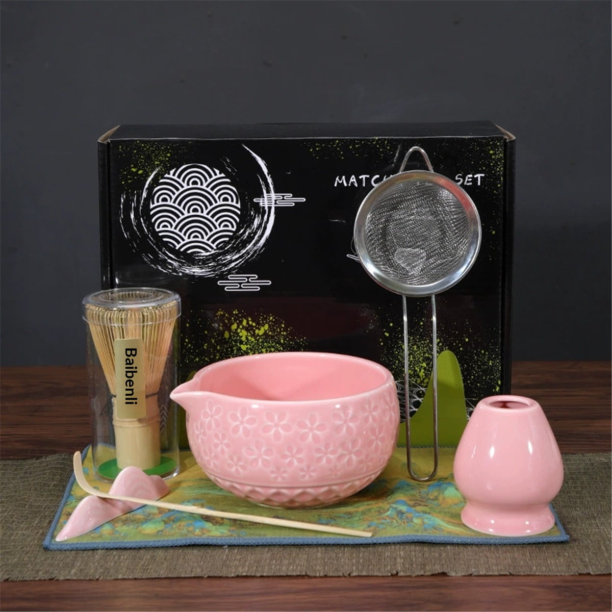 Xusx111 - 7pcs Matcha Whisk Set- Matcha Set Incluye Matcha Whisk Y Tazón Con Boca, Tamizador, Soporte Y Cuchilla- El Batido De Bambú Perfecto Para El Té De Matcha (flores Rosas)