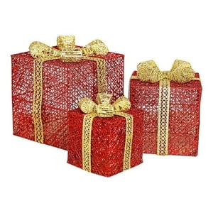 Aladdins Shop - Adornos De Navidad - Set De 3 Cajas De Regalo Navidad Color Rojo Con Luz Led