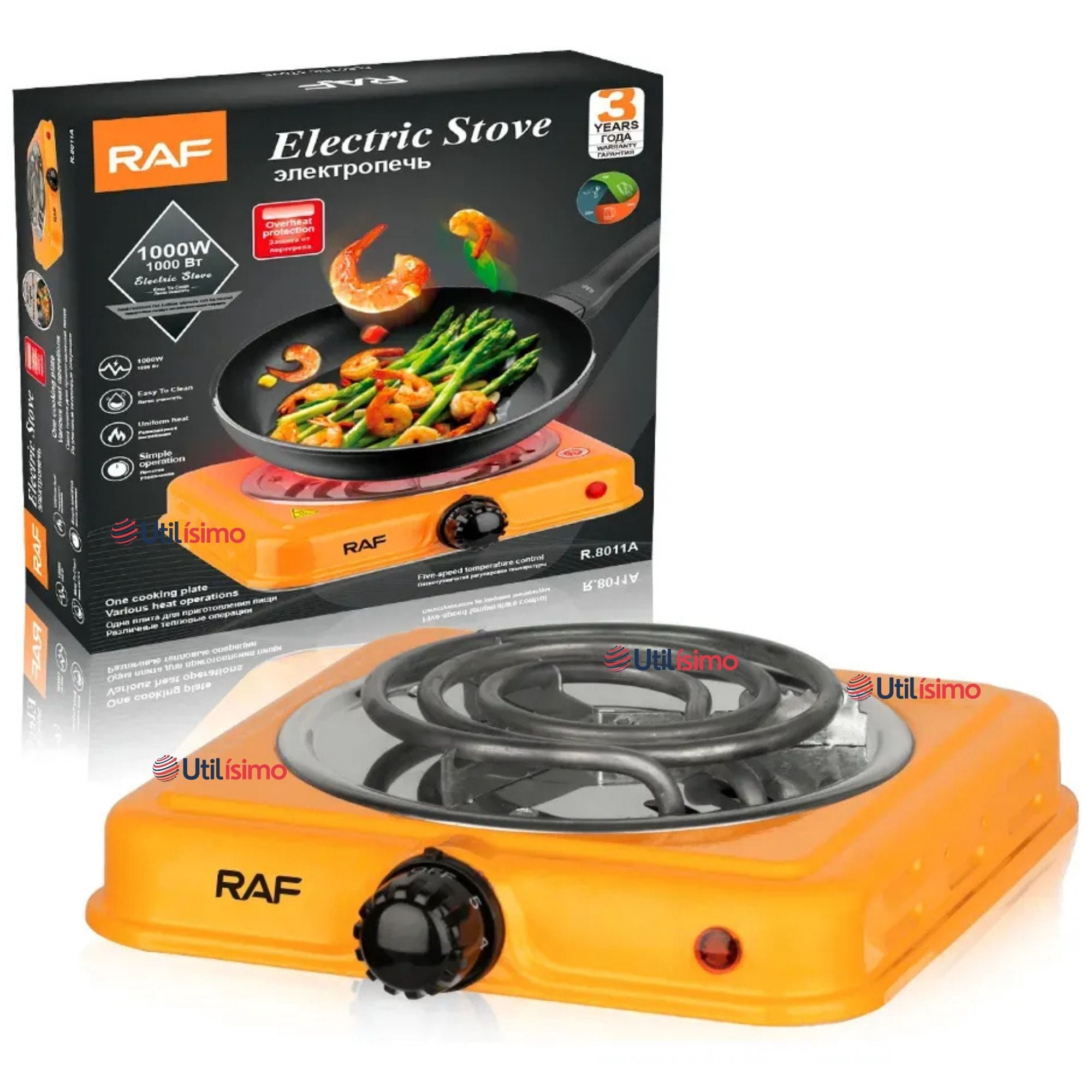 Raf - Cocina Eléctrica Portátil 1 Plato 1000w De Potencia Cocinilla Naranja