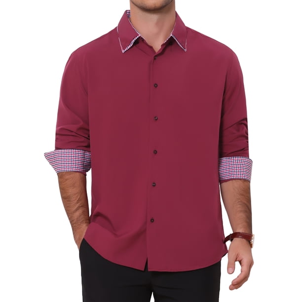 Camisa de Vestir para Hombre Casual de Negocios de Manga Larga con Botones XL Burdeos