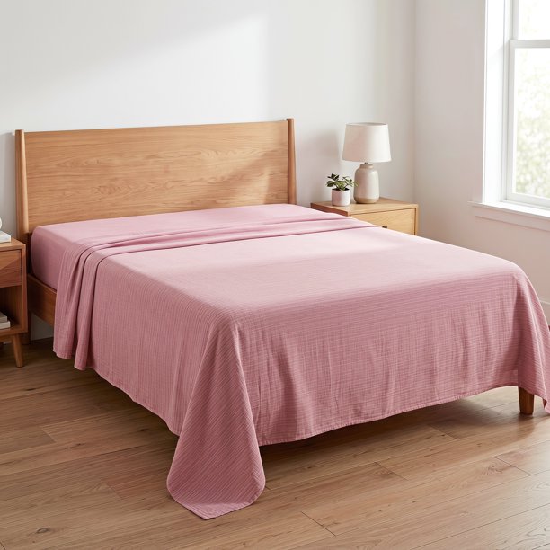 REGALWOVEN Sábana de Doble Gasa, Sábana Suave, Ropa de Cama con Textura Arrugada Rosa 1 PC 63x91in