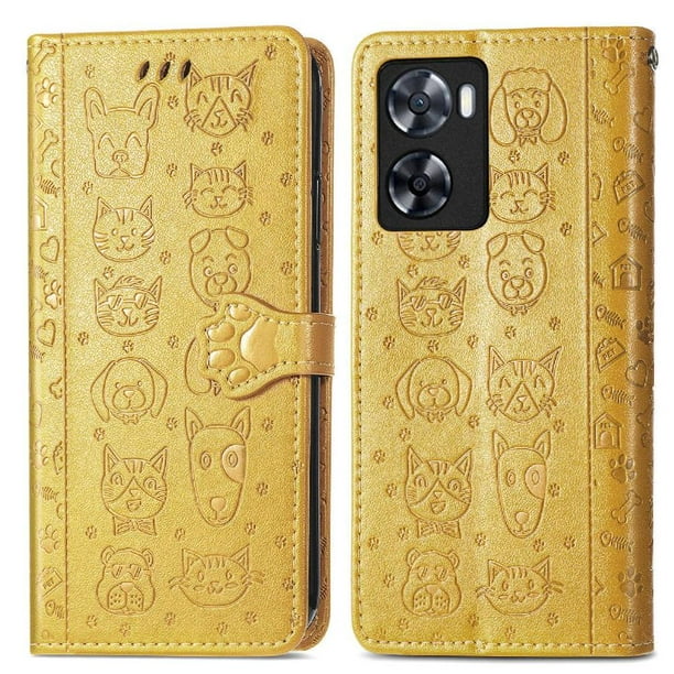 Funda Cartera FOXDOCK para OPPO A57 4G , Flip PU con Relieve de Gatos y Perros, Tarjetero y Soporte