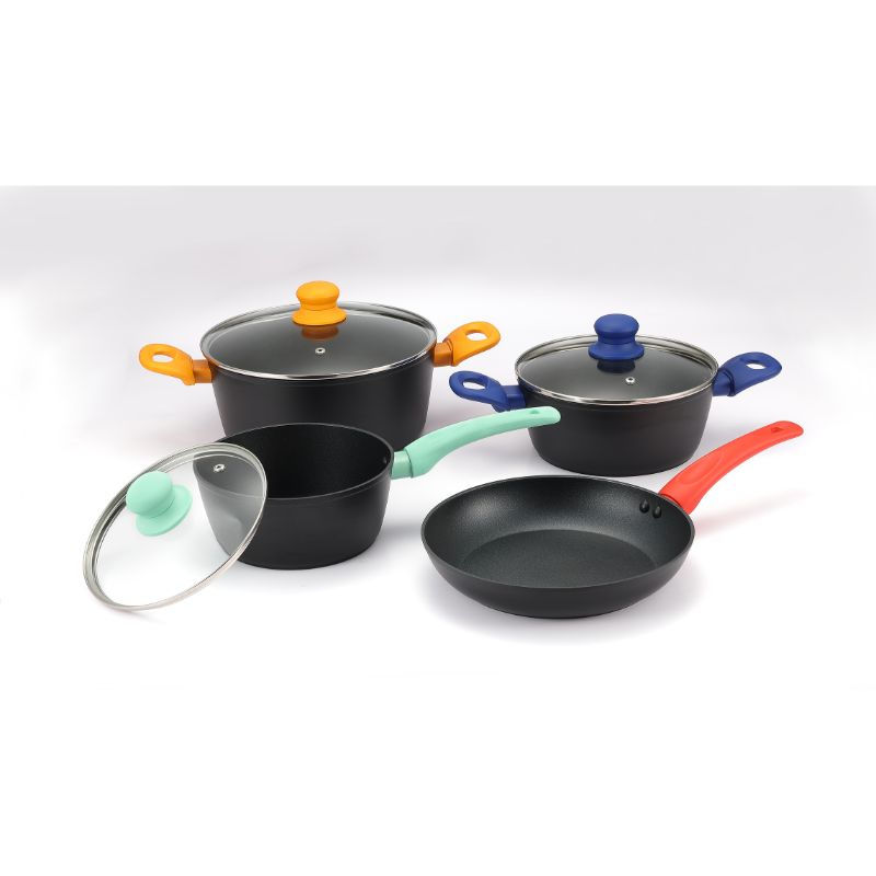 Batería De Cocina 7 Piezas Aluminio Mango De Colores Negro Haus