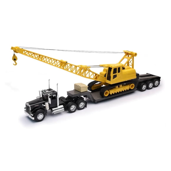 Camión modelo a escala Kenworth W900 con remolque lowboy 1:32