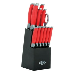 Oster - Set Cuchillos Acero Inoxidable Lindbergh 14 Pcs Mango Rojo Y Taco De Madera Negro Rojo