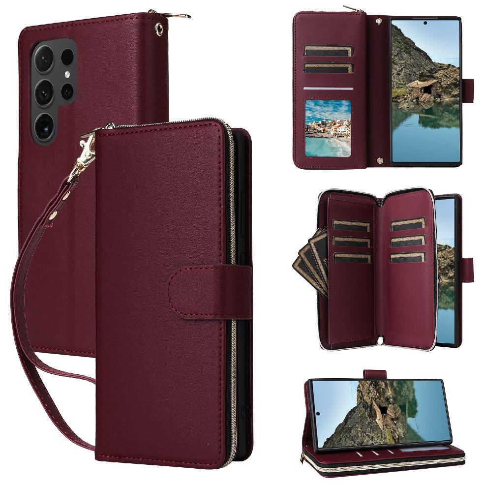 Foxdock - Funda Cartera Con Cremallera Y Correa Para Samsung Galaxy S24 Ultra Soporte Y Tarjetero Rojo