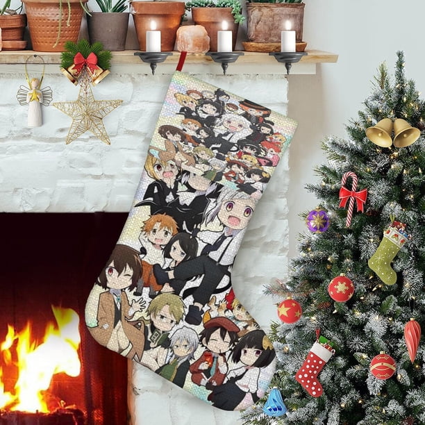 Bungou Stray Dogs Tema: Calcetines de Navidad, fino lino blanco para colgar en escaleras y chimenea, decoración navideña para el hogar, regalo de Navidad.54cm×38cm