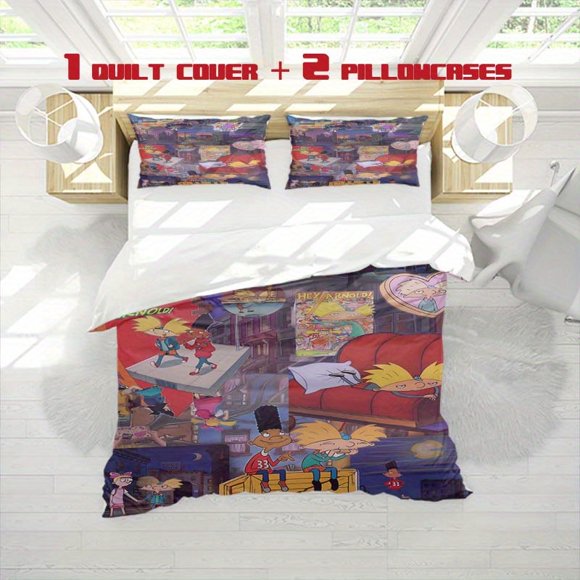 3pcs Hey Arnold Animated Print Bedding Set Soft Duvet Cover and Two Pillowcases Ideal for All Seasons