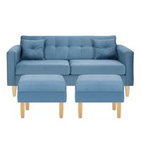 Bodevir - Sofa New Retro 3C + 2 Pouf Felpa 05 Azul Petroleo