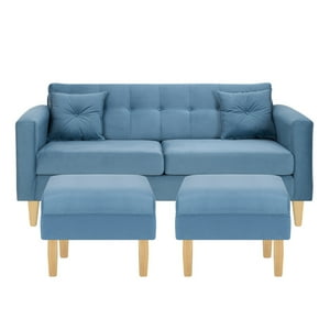 Bodevir - Sofa New Retro 3C + 2 Pouf Felpa 05 Azul Petroleo