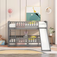M&Ms - Bunk Bed With Slide,Twin Over Twin Low Bunk Bed With Fence And Ladder For Kids Teens Grey