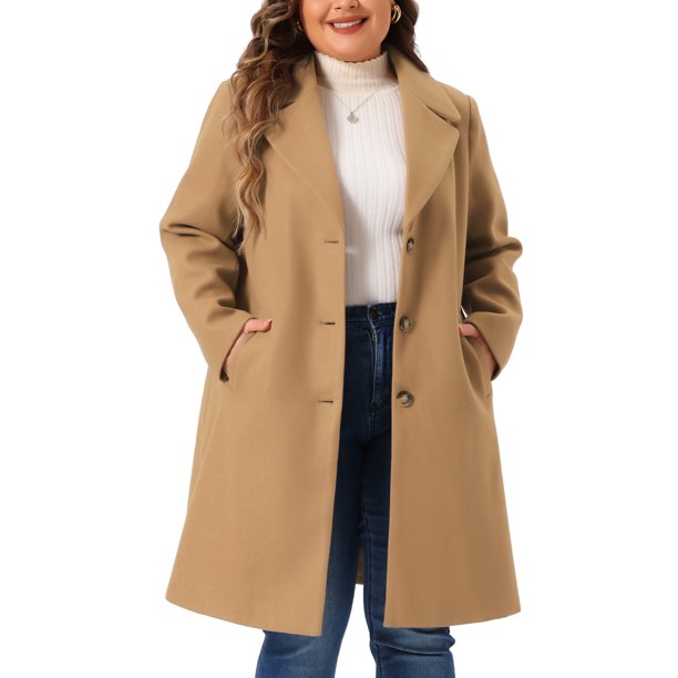 Abrigos para Mujer de Talla Grande Agnes Orinda Manga Larga con Botonadura Simple y Solapa Dentada para Otoño e Invierno 3X Camel