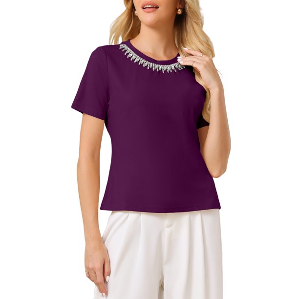 INSPIRE CHIC Elegante Blusa Brillante para Mujer con Tops de Piedras Preciosas para Cócteles y Fiestas S Púrpura