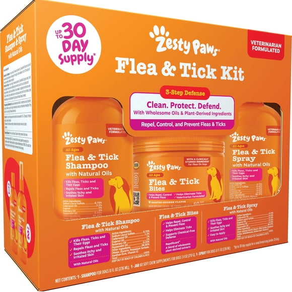 Kit antipulgas y antigarrapatas Zesty Paws: shampoo, spray y masticables