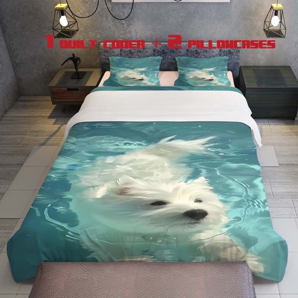 3pcs White Puppy Playful Blue Water Theme Printed Bedding Set Soft Duvet Cover and Two Pillowcases
