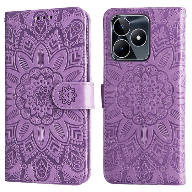 Funda tipo cartera FOXDOCK para Realme C53 , diseño girasol en relieve, cuero PU, cierre magnético, soporte y tarjetero