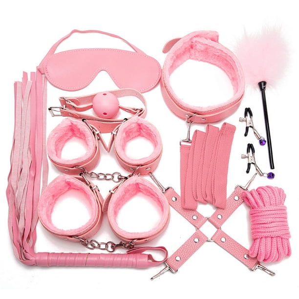 10pcs/set Men's Sexy Restraints Bondage Props, Plush Adjustable Handcuffs Shackles Collar, Whip, Eye Mask, Nipple Clips, Rope, Feather Tickler, Sex Toys, SM Tools, Sex Accessories, Couple Gift