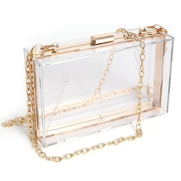 Bolso de mano transparente de acrílico para mujer, bolso de hombro con correa de cadena dorada extraíble.