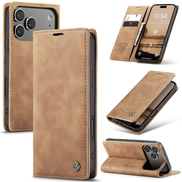 CaseMe Funda de Cuero para iPhone 17 Pro Max, Funda de Cuero Tipo Billetera con Tarjetero, Cierre Magnético, a Prueba de Golpes, Soporte, Funda Protectora para iPhone 17 Pro Max, Marrón