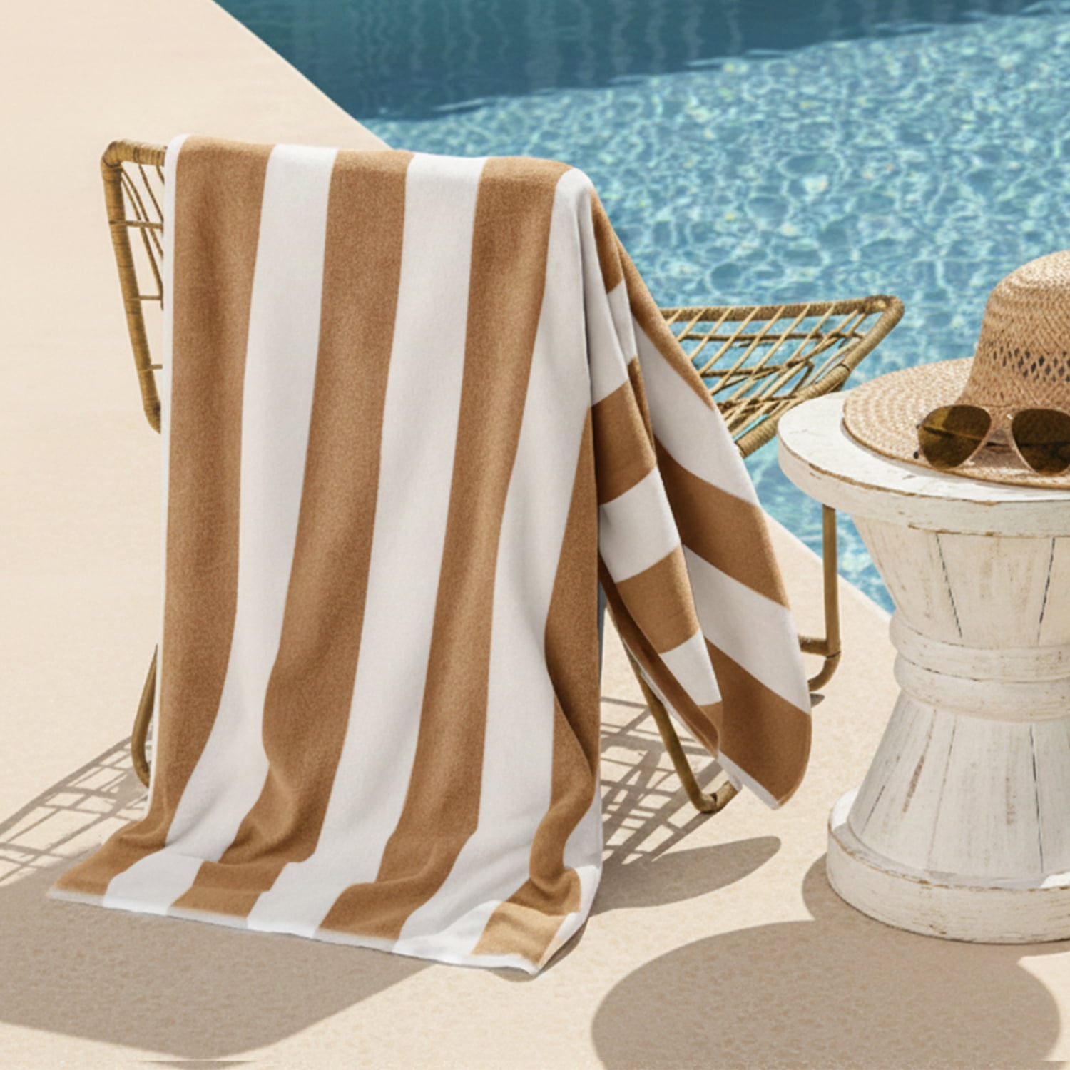 Toalla De Playa Nautica 100% Algodón 163x81 Diseño Rayas Beige