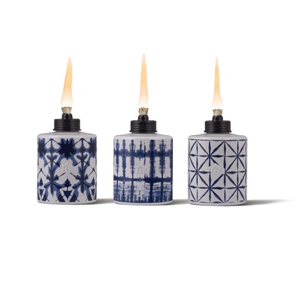 Linterna de exterior de la marca TIKI Glass Tiedye Blue, paquete de 3