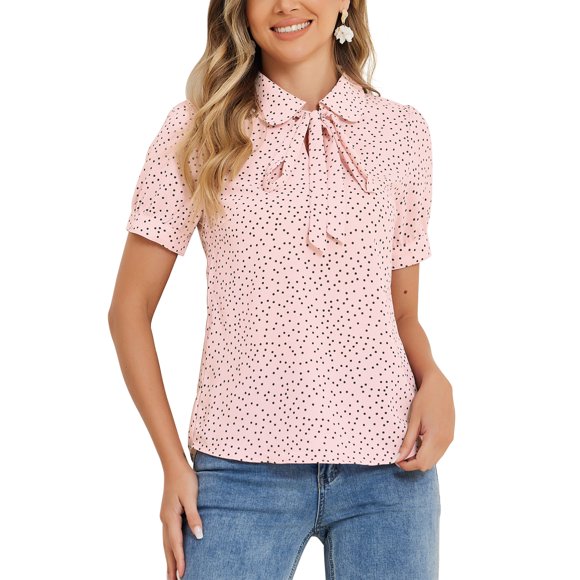 INSPIRE CHIC Blusa de Chifón con Estampado Retro de Manga Corta y Lazo en el Cuello Peter Pan para Mujer, Talla M, Puntos Rosados