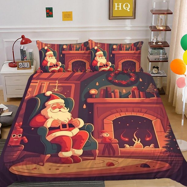 Cartoon Christmas Tree Gifts Santa Claus Teen Quilt Duvet Cover Set Soft3-Piece Bedding Set