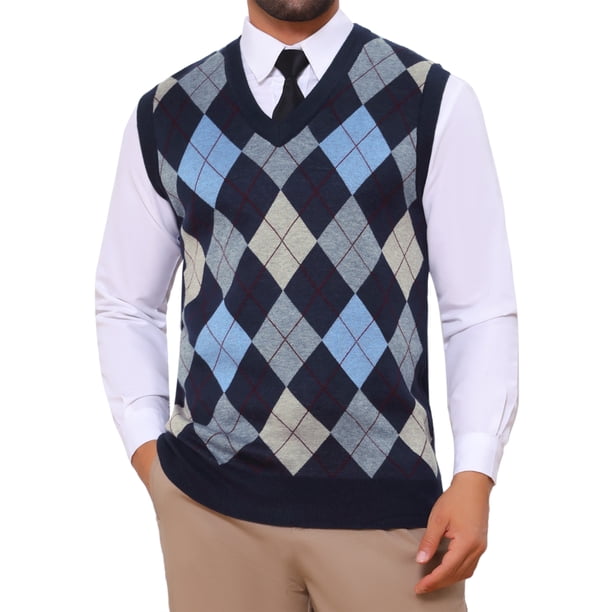 INSPIRE CHIC Chaleco de Punto Casual sin Mangas con Cuello en V a Cuadros Argyle para Hombre XL Azul Marino