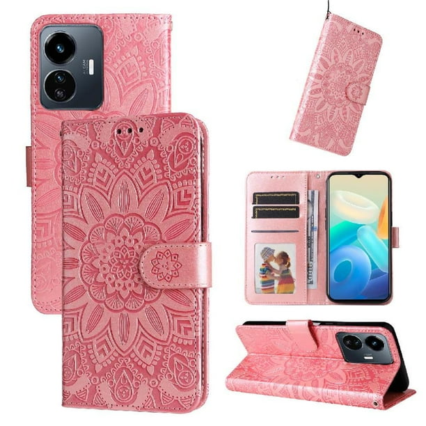 Funda tipo cartera FOXDOCK para Vivo Y77 5G , diseño girasol en relieve, cuero PU, cierre magnético, soporte y tarjetero