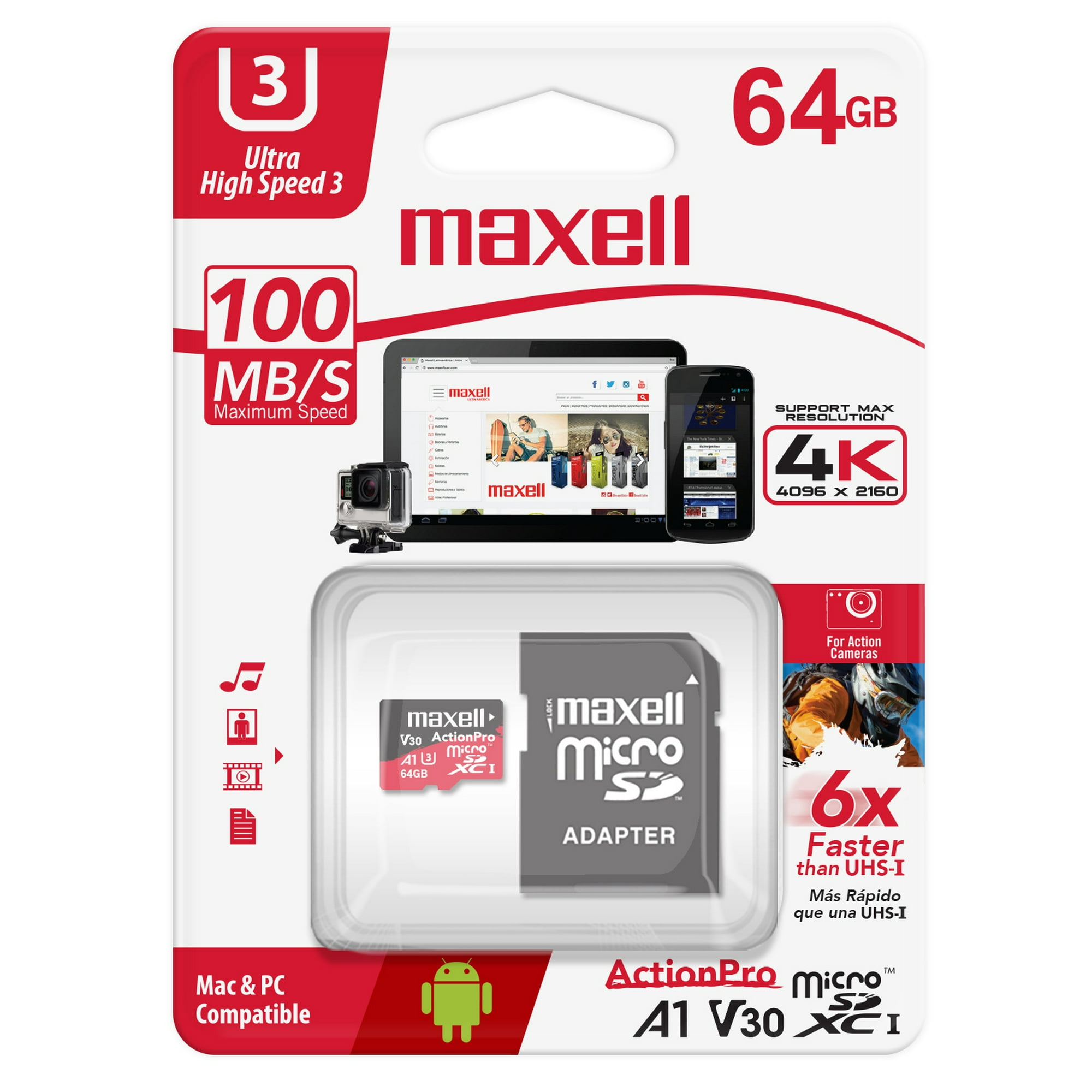 Tarjeta Microsd Maxell 64gb Uh-3 8k 100mb/s