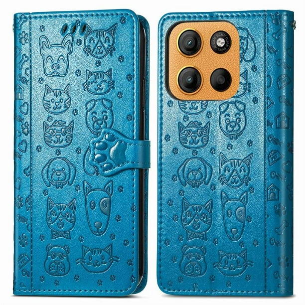 Funda Cartera FOXDOCK para Motorola Moto G15 , Flip PU con Relieve de Gatos y Perros, Tarjetero y Soporte