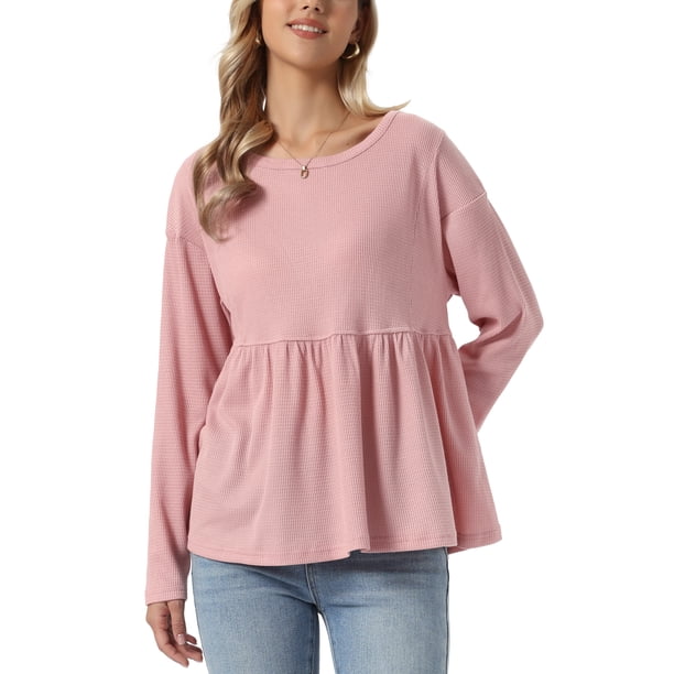 INSPIRE CHIC Top de Punto Waffle para Mujer de Manga Larga Blusas Peplum Babydoll L Rosa
