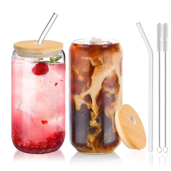 Vasos de vidrio DAMCONME 480 ml con tapas y pajillas – juego de 2 unidades para bebidas