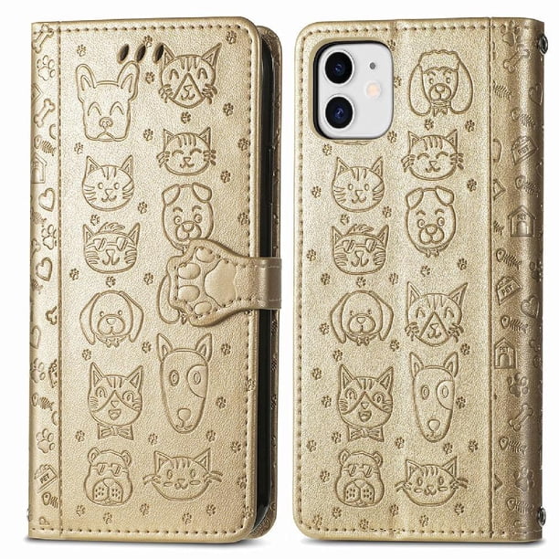Funda Cartera FOXDOCK para iPhone 12 Mini , Flip PU con Relieve de Gatos y Perros, Tarjetero y Soporte