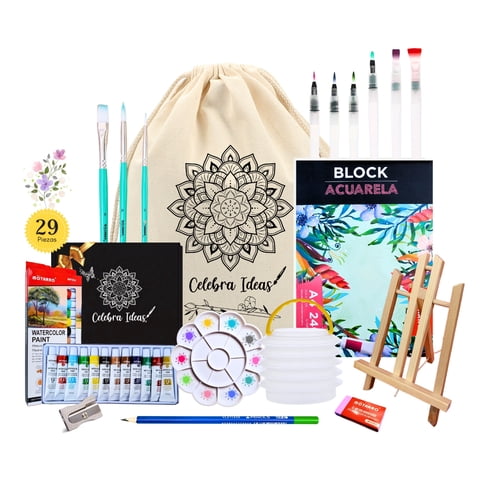 Celebra Ideas - Set De Arte Pinturas Acuarela Con Atril Caballete Kit Arte 29 Pcs