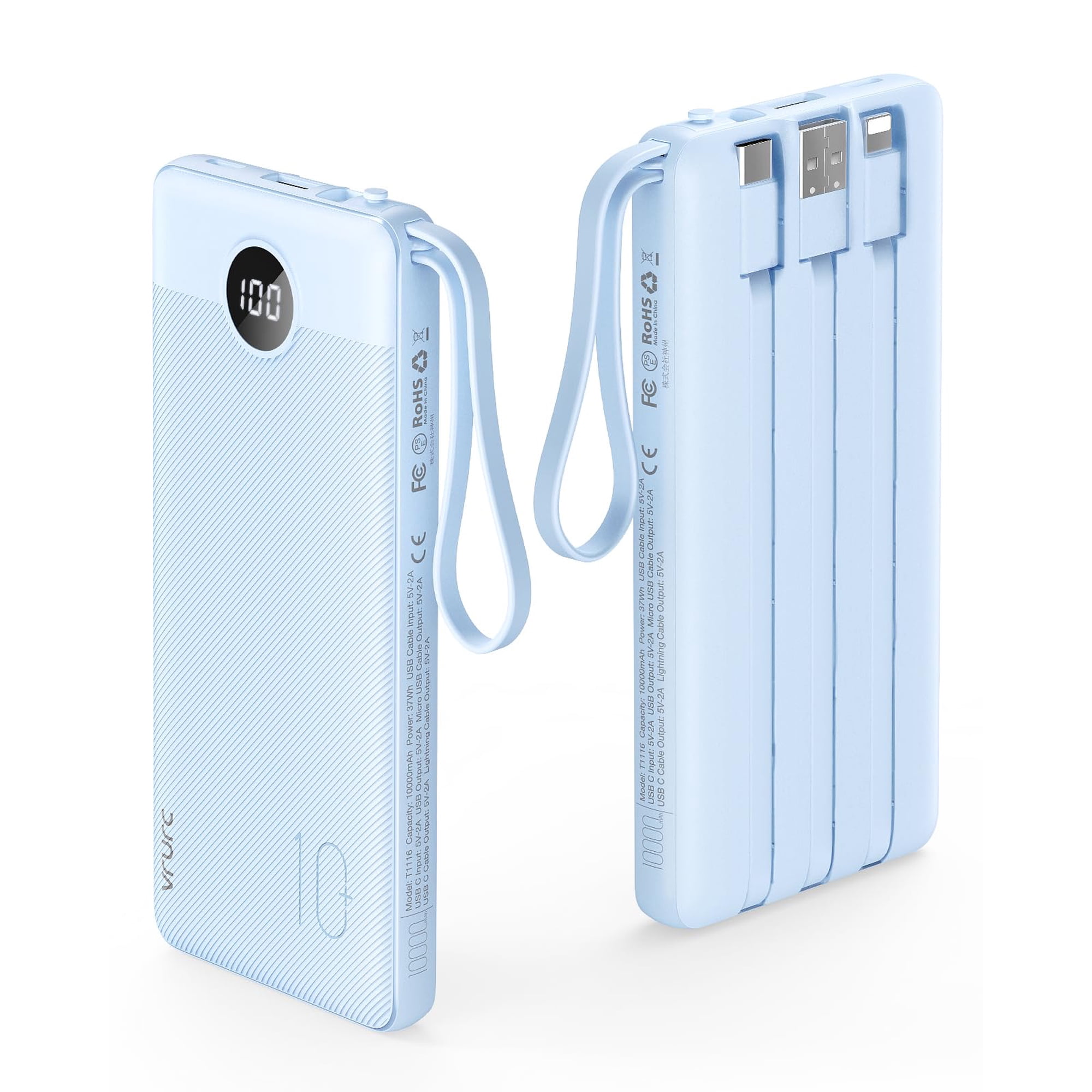 Power Bank Vrurc De 10000 Mah Con Cables Integrados, Azul