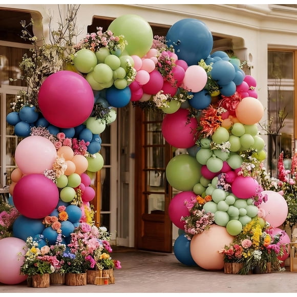 Kit De Arco De Globos Doble Relleno Rosa Verde Y Azul