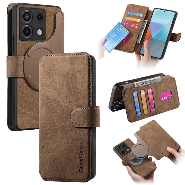 Funda Billetera Magnética para Xiaomi Redmi Note 13 Pro 4G Soporte Tarjetas Desmontable Marrón