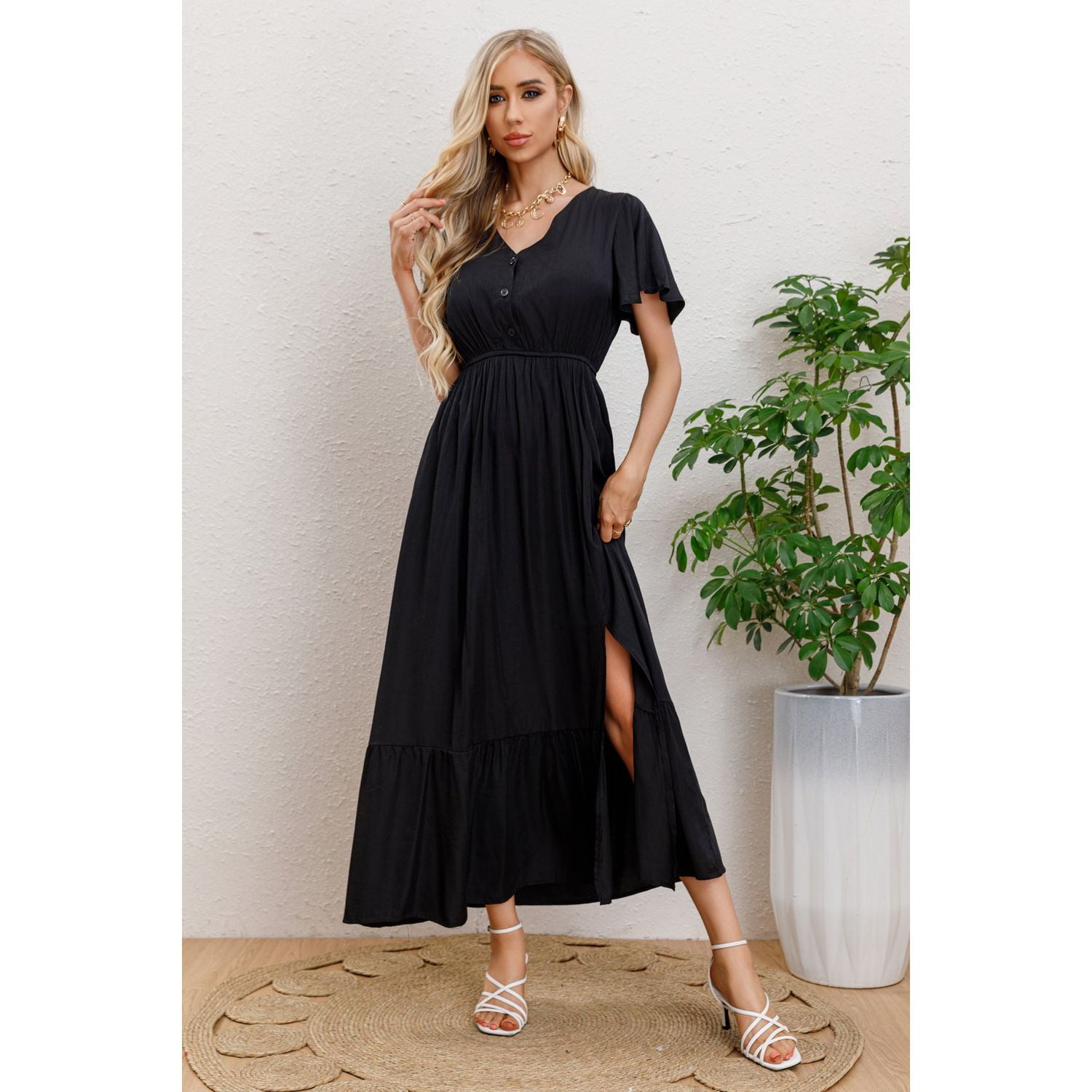 Likeshop - Vestido Largo Verano Mujer Manga Corta Abertura Botones 328