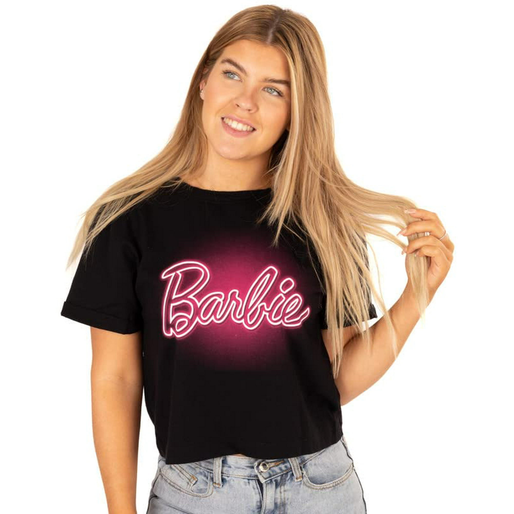Barbie Camiseta Recortada Para Mujer Damas Neon Rosa Logo Negro