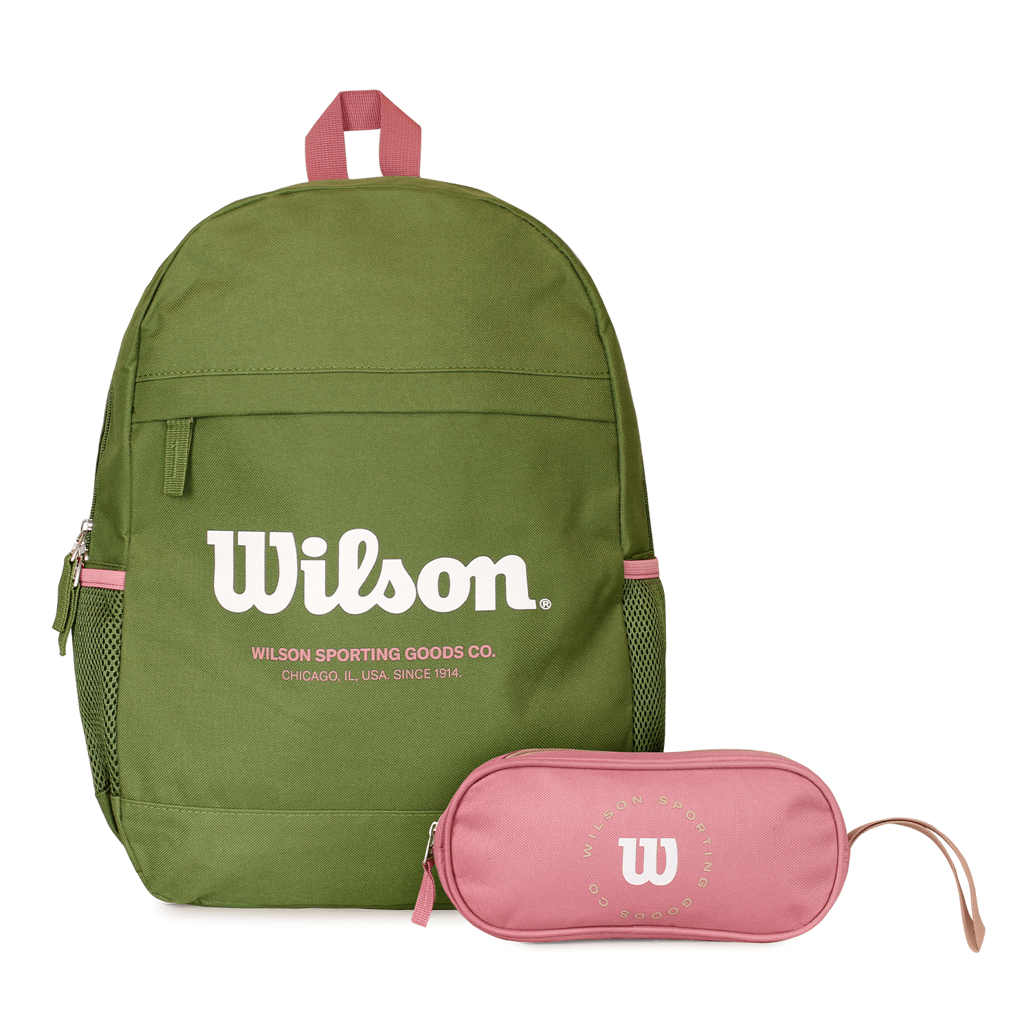 Pack Wilson Mochila Atom Verde + Estuche Charlotte Rosado