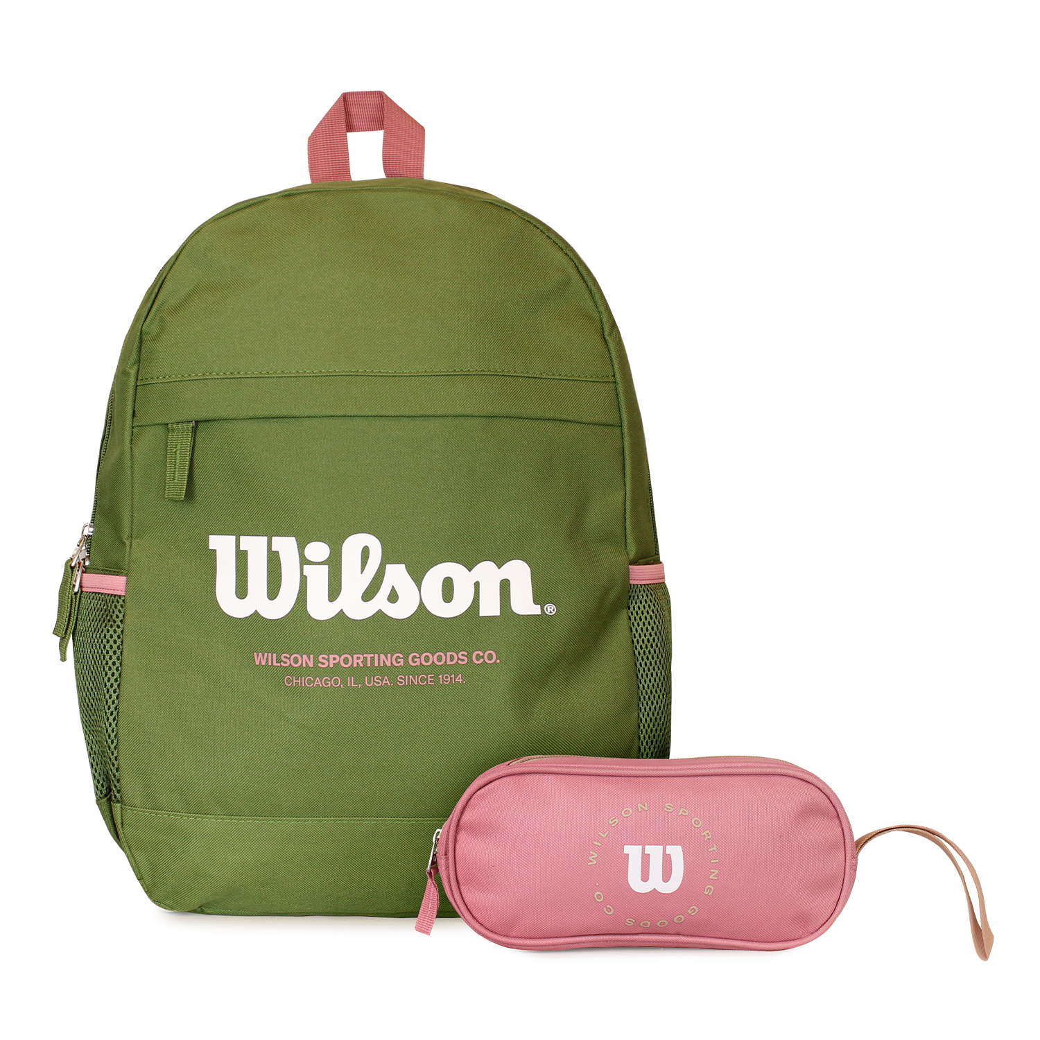 Pack Wilson Mochila Atom Verde + Estuche Charlotte Rosado