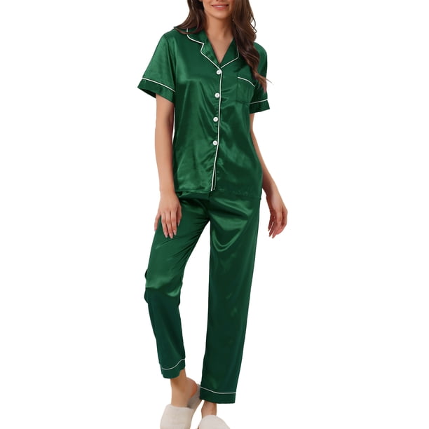 INSPIRE CHIC Conjunto de Pijama de Satén para Mujer de Manga Corta con Botones, Detalle de Ribete y Cintura Elástica, Conjunto de Descanso M Verde Oscuro