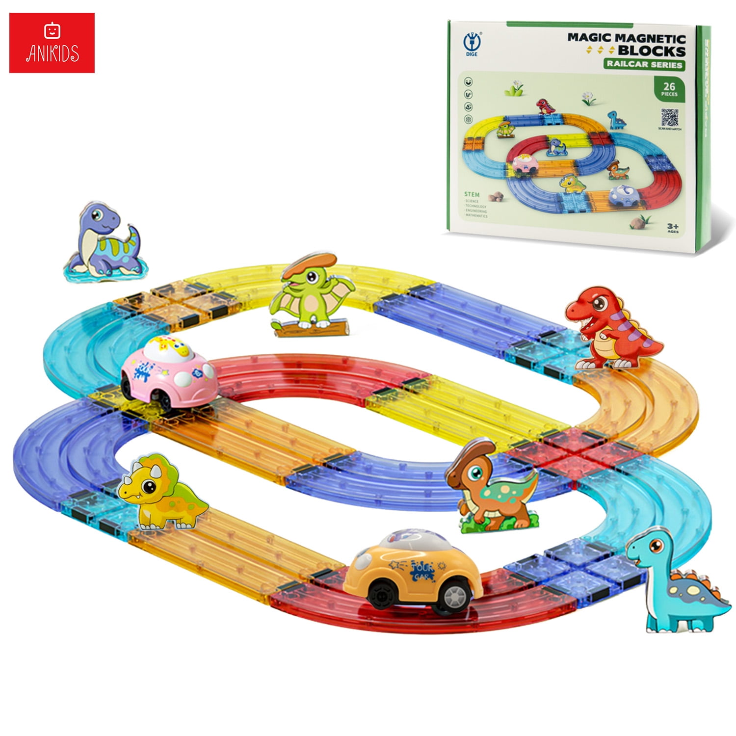 Anikids - Pista De Autos Bloque Magnético Juguete Armable Niños 26 Pcs Multicolor