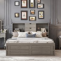 M&Ms - King Size Platform Bed With Storage Headboard And 8 Drawers, Gray