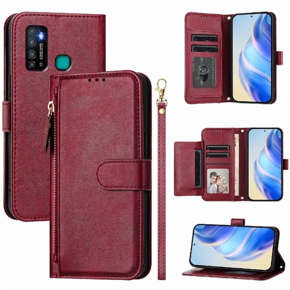 FOXDOCK Funda Tipo Cartera para itel A58 Lite Cuero PU con Cremallera y Correa de Muñeca, Ranuras para Tarjetas, Soporte Plegable, Cierre Magnético