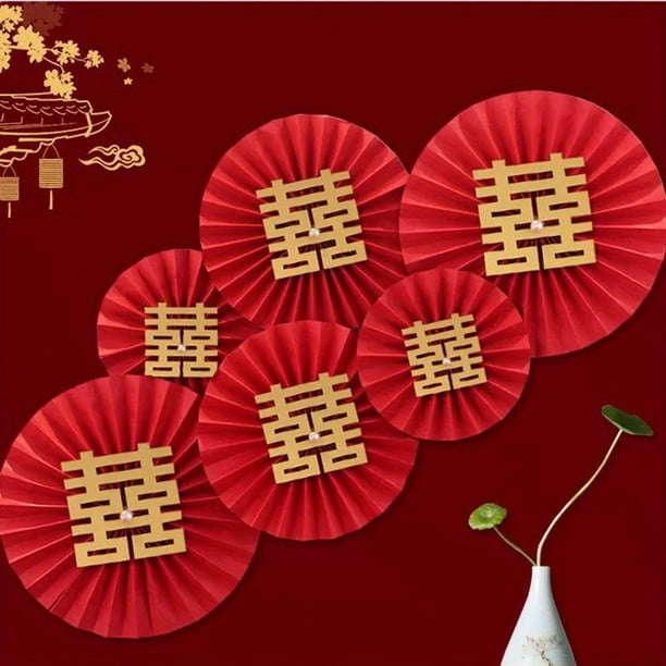 6pcs/set Red Character Door Stickers - 3D Paper-cut Fan-shaped Double Happiness Decorations for Festive Weddings!