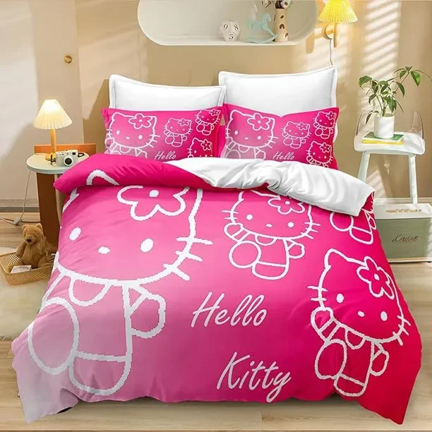HelloKitty Cute Bed Duvet Cover Funny Anime Cartoon Bedding Sets Lightweight 3 Piece Comforter Sets