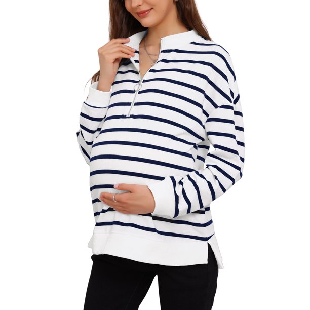 INSPIRE CHIC Blusa de Maternidad para Mujeres Camiseta de Cuello Simulado de Algodón con Media Cremallera Mangas Largas Abertura Lateral Cuello Alto Rayado Embarazo M Azul